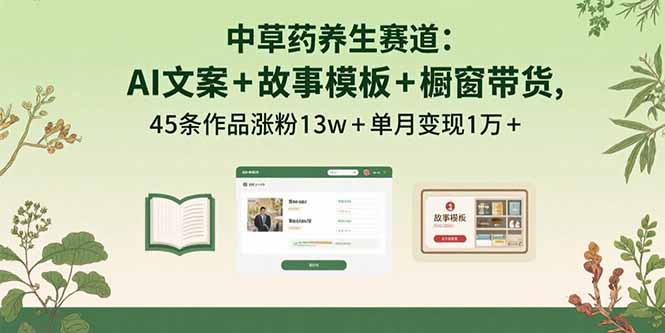 中草药养生赛道：AI文案+故事模板+橱带货，45条作品涨粉13w+单月变现1万+-qingclm