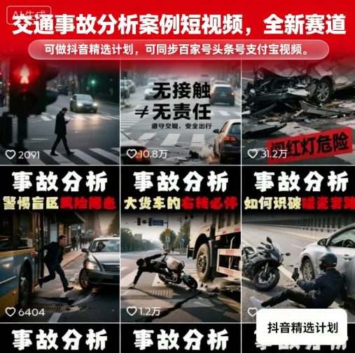 交通事故分析案例短视频，全新赛道，可做抖音精选计划，可同步百家号头条号支付宝视频号平台-qingclm