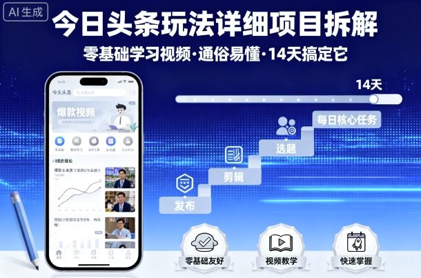 今日头条玩法详细项目拆解，零基础学习视频 通俗易懂 14天搞定它-qingclm