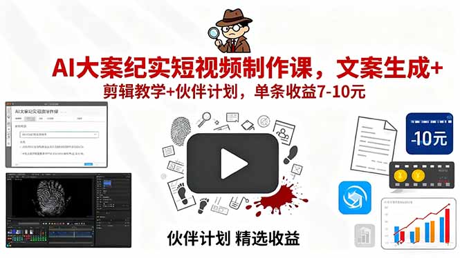 AI大案纪实短视频制作课，文案生成+剪辑教学+伙伴计划，单条收益7-10元-qingclm