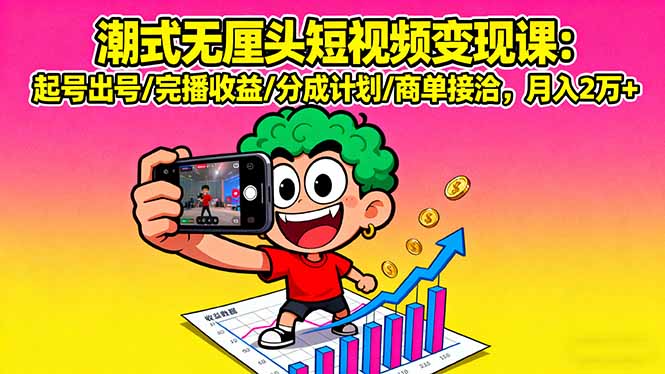 潮式无厘头短视频变现课：起号出号/完播收益/分成计划/商单接洽，月入2万+-qingclm