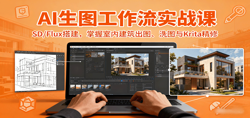 AI生图工作流实战课：SD/Flux搭建，掌握室内建筑出图、洗图与Krita精修-qingclm