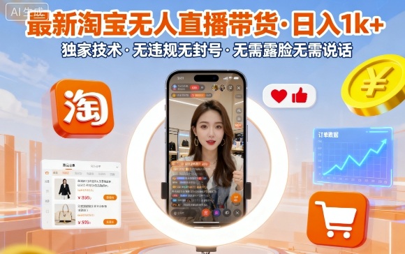 最新淘宝无人直播带货，日入1k+，独家技术，无违规无封号，无需露脸无需说话【揭秘】-qingclm