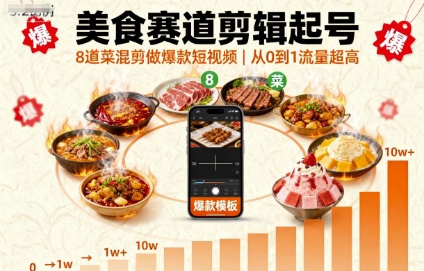 美食赛道剪辑起号，8道菜混剪做爆款短视频，从0到1，流量超高-qingclm