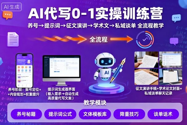 AI代写0-1实操训练营，从养号、提示词、征文演讲、学术文，到私域谈单的全流程教学-qingclm