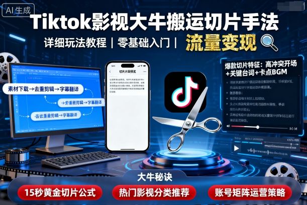 Tiktok影视大牛搬运切片手法，详细玩法教程-qingclm