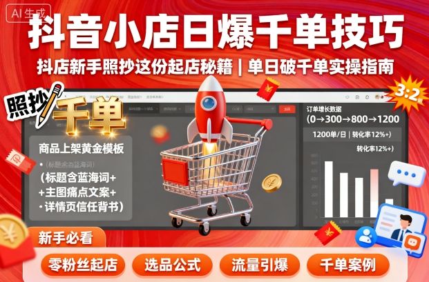 抖音小店日爆千单技巧，抖店新手照抄这份起店秘籍，单日破千单-qingclm